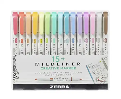 Zebra Pen Mildliner Brush Marker, Double Ended Brush and Fine Tip Pen, Assorted Soft Colors, 15 Pack