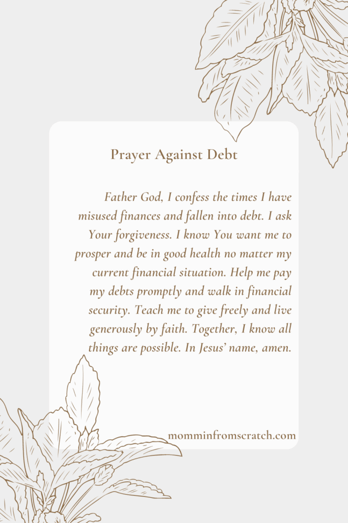 A prayer card with the words prayer against debt.