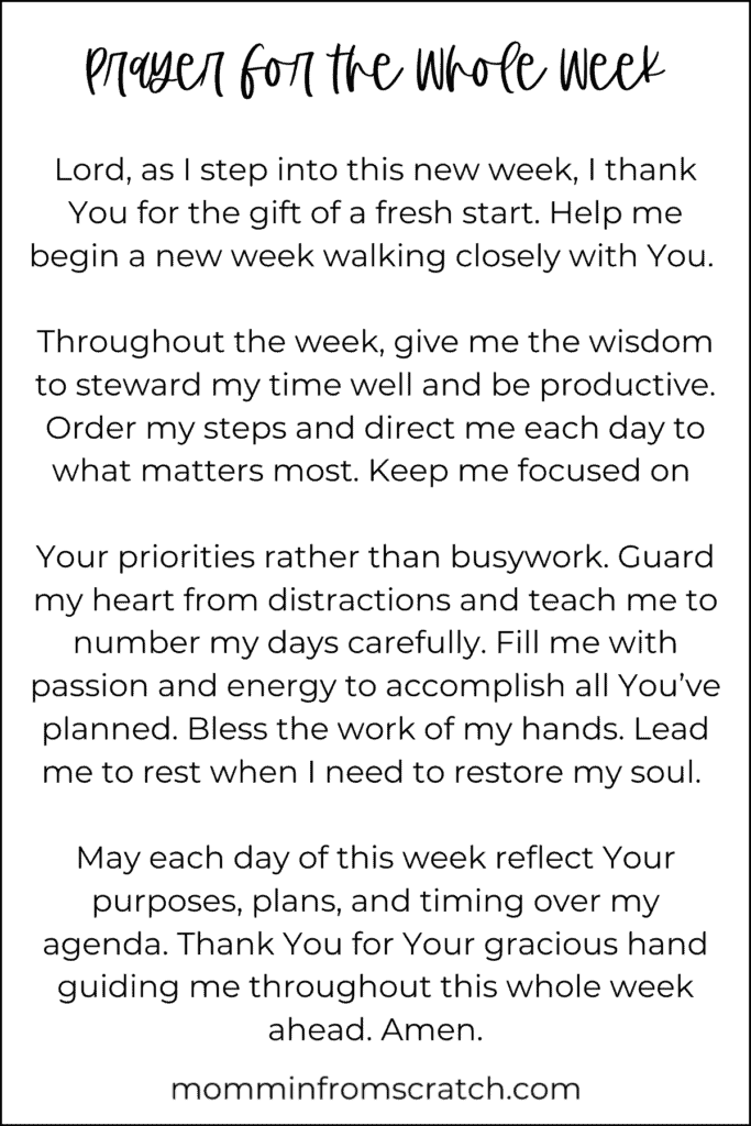 A poster featuring prayers for the new week with the words, lord got the whole wack.