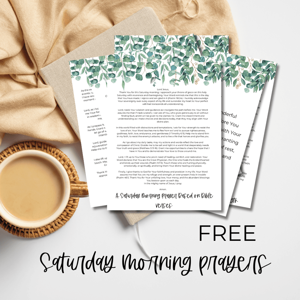 Prayers for Saturday Morning free printables stacked on desk by coffee